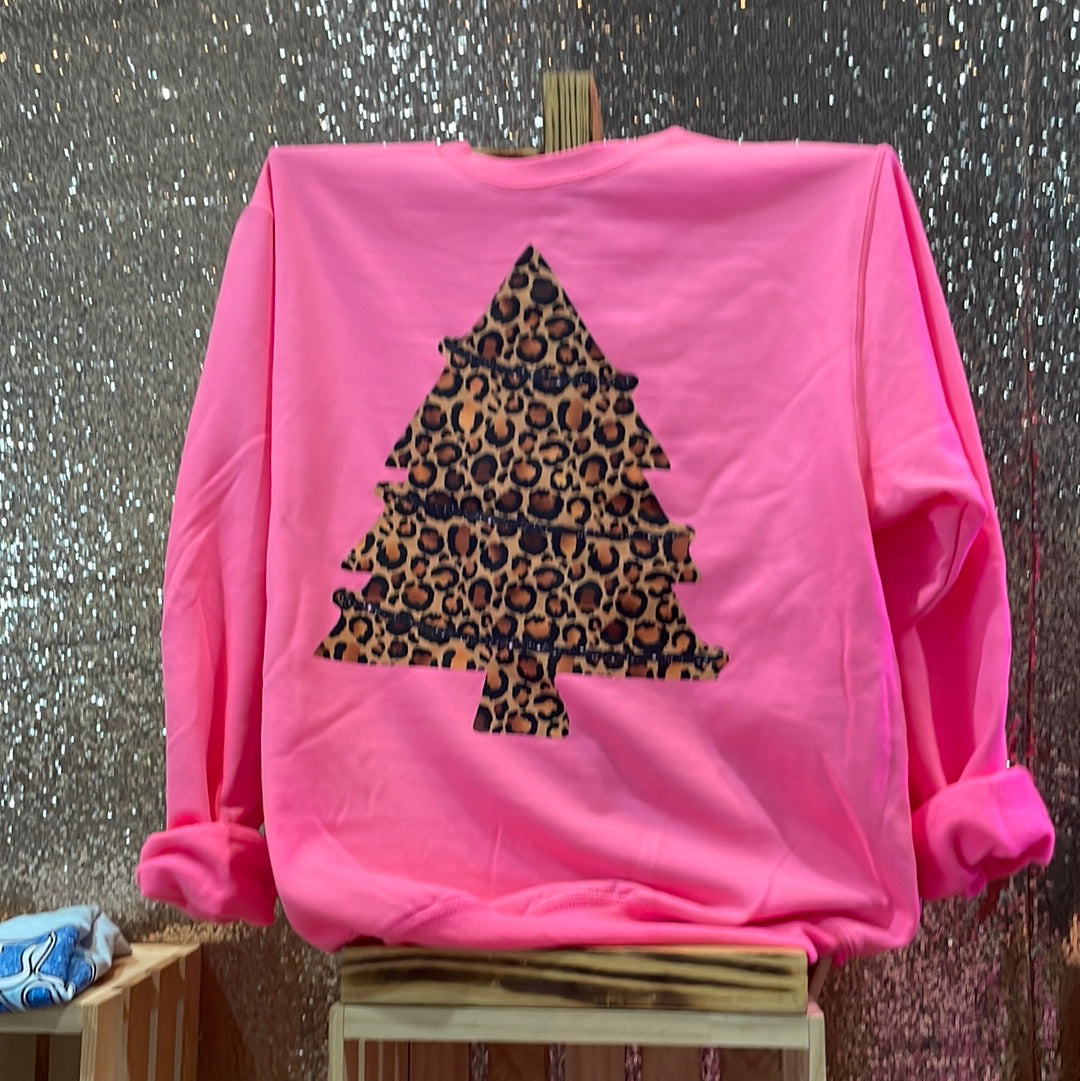 Hot Pink Leopard Foil Christmas Tree Sweatshirt